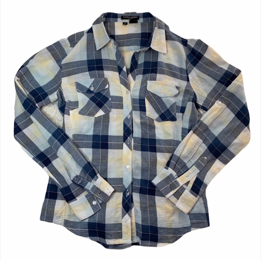 Sandra Ingrish Petites Blue Plaid Button Down Top